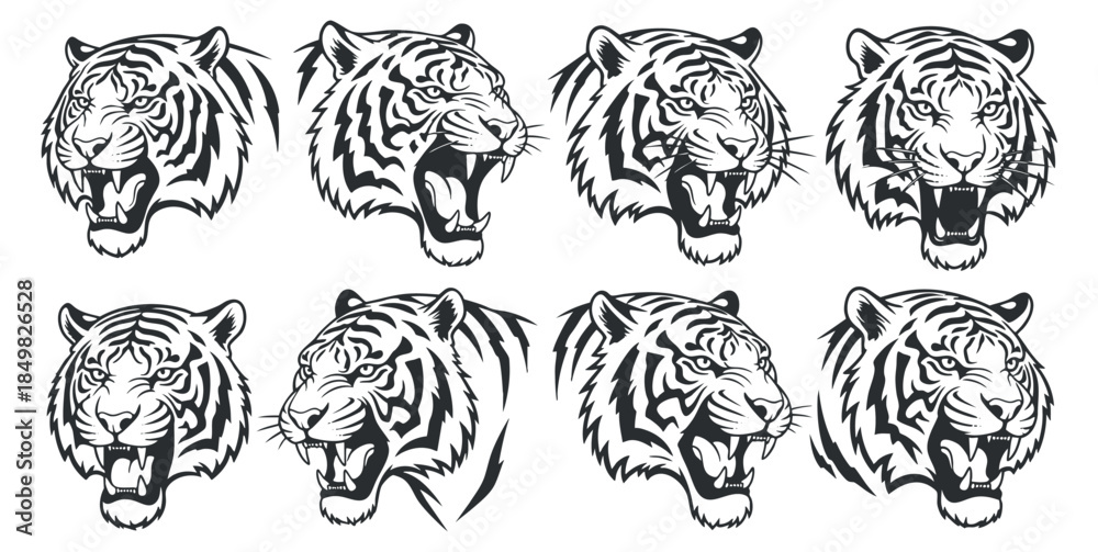 Fototapeta premium A collection of eight tiger head illustrations in black and white outline vector style, perfect for branding and design projects