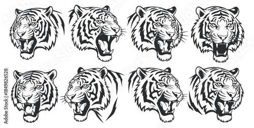 A collection of eight tiger head illustrations in black and white outline vector style, perfect for branding and design projects