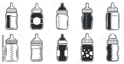 A collection of baby feeding bottles in black and white vector style, ideal for parenting and childcare designs