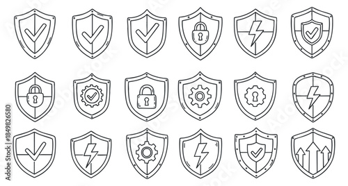 A collection of security and protection shield icons in outline vector style, suitable for digital safety and technology projects