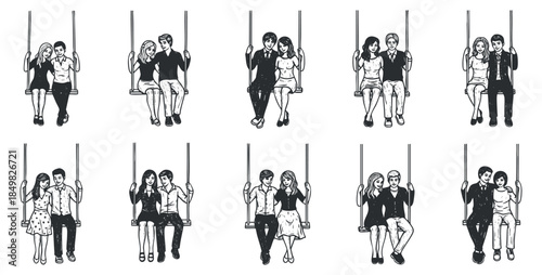 A collection of diverse couples sitting on swings in black and white minimalist vector style, ideal for relationship themes and romantic designs