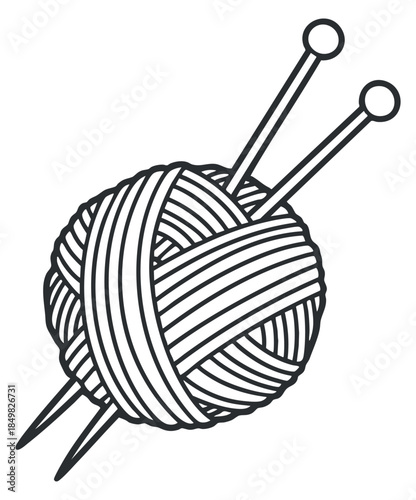 A ball of yarn with knitting needles in a minimalist outline vector style, perfect for crafting and DIY projects