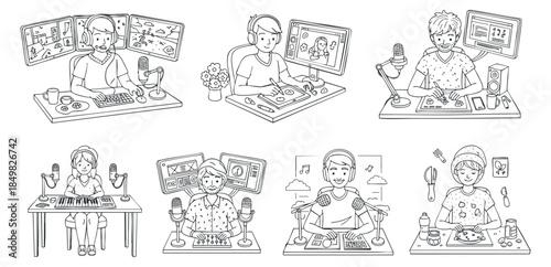 A collection of people working at home in various remote work scenarios in flat line art vector style, suitable for illustrating modern workspace themes