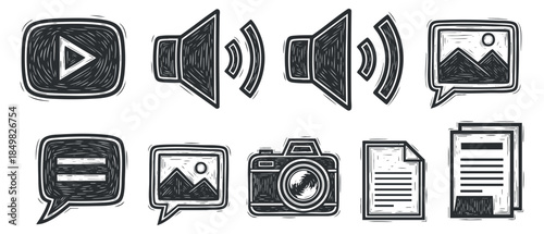 A collection of media icons including play, sound, image, camera, chat, and document in black and white sketch vector style, ideal for digital communication design