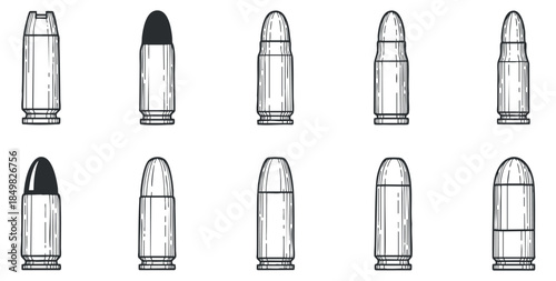 A set of various bullet shapes in black and white outline vector style, suitable for firearm illustrations and graphic design