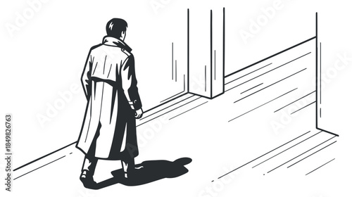 A silhouette of a man walking in a trench coat in black and white minimalist vector style, suitable for creative projects and illustrations