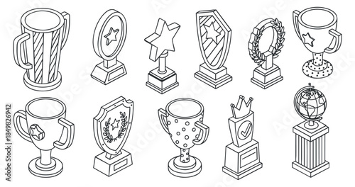 A collection of various trophy designs in simple outline vector style, suitable for awards and achievement themes