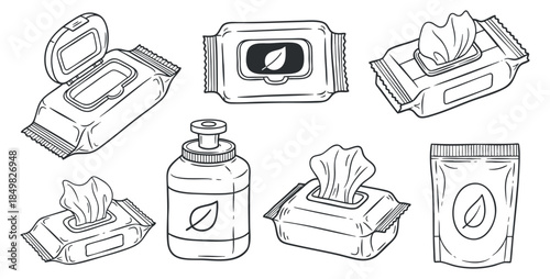 A collection of various wipes, containers, and bottles in outline vector style, ideal for personal care branding and packaging