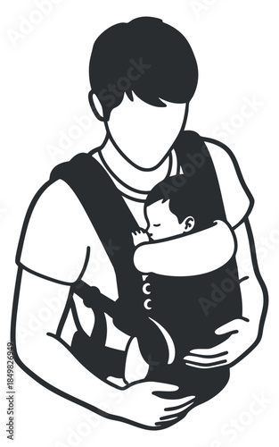 A parent carrying a baby in a sling in black and white minimalist vector style, ideal for parenting and family themes