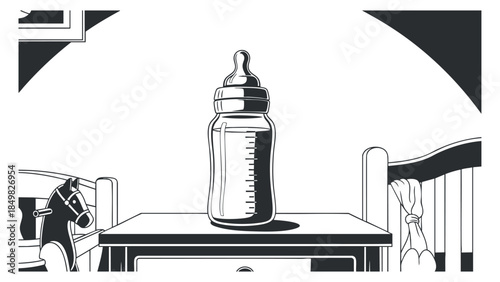 A baby bottle placed on a table in a minimalist black and white vector style, ideal for parenting and childcare themes