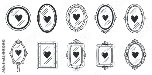A collection of decorative mirrors with heart shapes in a black and white hand-drawn vector style, perfect for romantic home decor