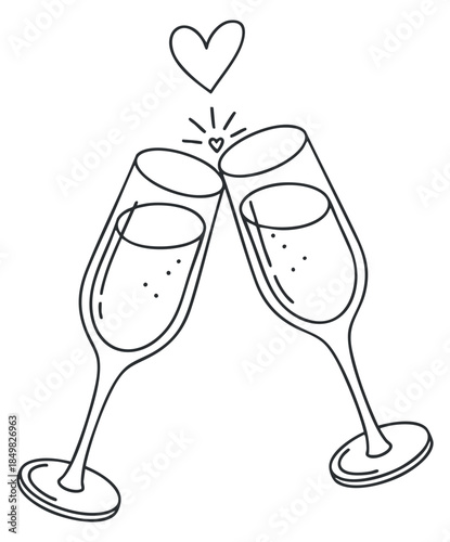 A pair of champagne glasses clinking together in minimalist outline vector style, ideal for wedding and celebration invitations