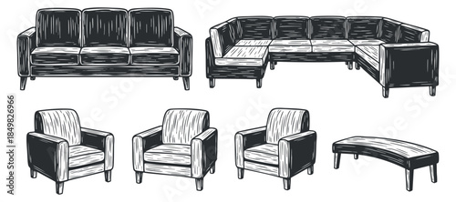 A collection of living room furniture featuring different sofas and armchairs in black and white sketch vector style, ideal for interior design projects