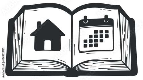 An open book featuring a house icon and a calendar in black and white vector style, ideal for education and planning projects