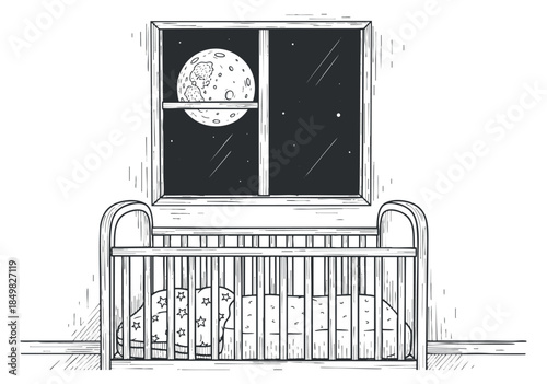A hand-drawn illustration of a baby crib next to a window with a full moon and stars in a black and white style, ideal for nursery decor