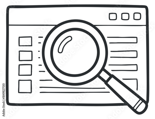 A magnifying glass over a simplified web browser interface in black outline vector style, suitable for web design projects