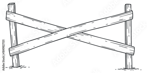 A wooden fence with crossed beams in a simple black and white outline vector style, suitable for rural landscape designs
