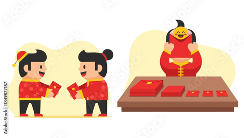 Cartoon Characters Exchanging Red Envelopes with God of Fortune.