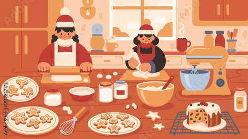 Cartoon People Baking Christmas Cookies Together.