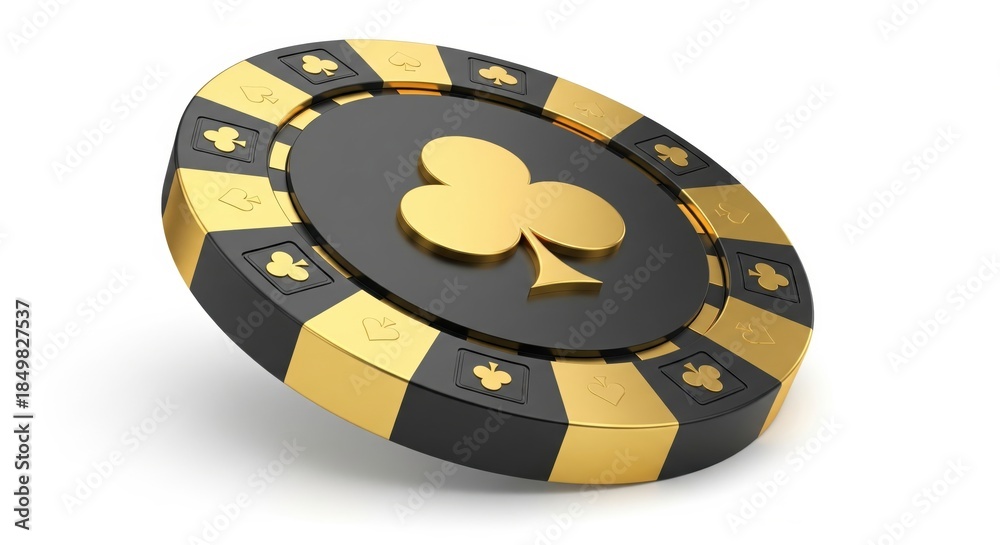 Naklejka premium Luxurious black and gold casino poker chip with a club symbol isolated on white background
