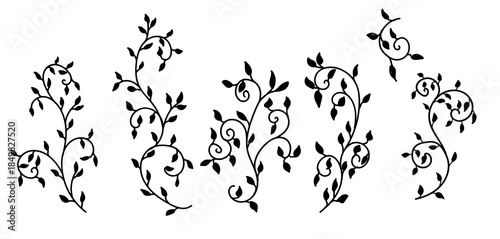 Cute twigs and leaves. Vector illustration. Simple drawing of spring foliage, set of silhouettes isolated on white background. Suitable for printing on textiles, scrapbooking paper, covers, and cards.