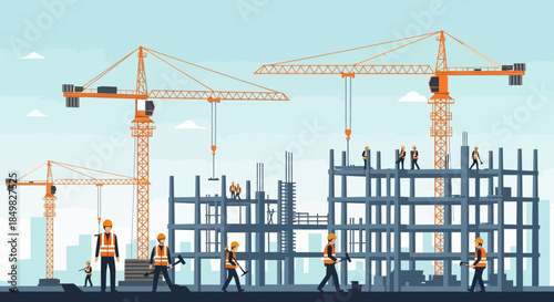 Building Construction Site with Workers Cranes and Steel Frames in Vector Design