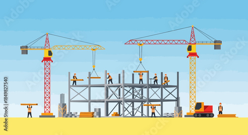 Construction site illustration with workers and cranes building a steel frame structure