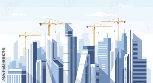 Modern Cityscape Construction with Tower Cranes and Abstract Buildings Design