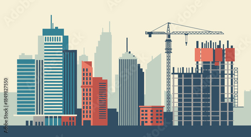 Stylized city skyline with modern architecture and construction crane illustration