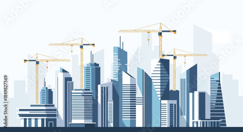 Modern city skyline illustration with construction cranes and building structures