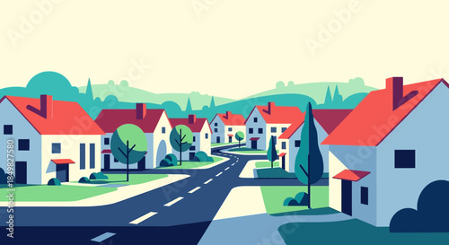Stylized illustration of a residential street with houses trees and rolling hills