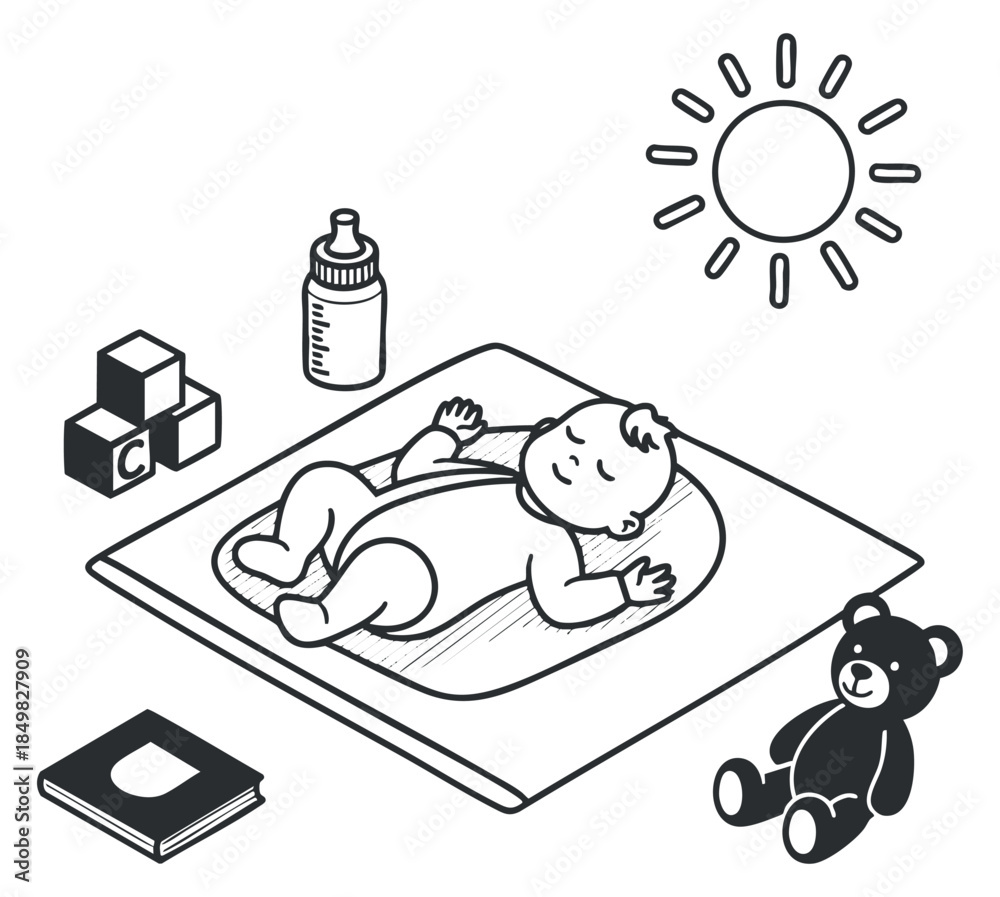 Obraz premium A sleeping baby on a playmat surrounded by a bottle, teddy bear, building blocks, and a book in black and white outline vector style, perfect for childcare themes