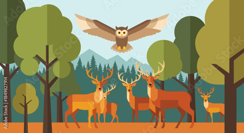 Flat Design Illustration of Deer and Owl in Forest Offering Serene Natural Scene