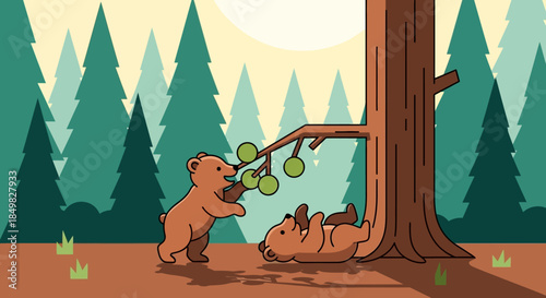 Two playful cartoon bears enjoying nature near a tree in a whimsical forest scenery