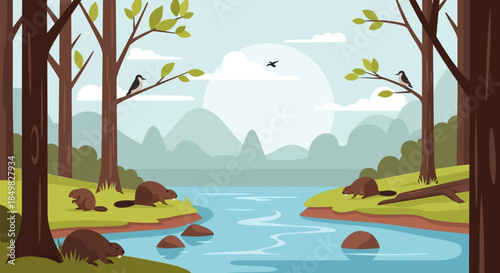 Cartoon illustration showcasing beavers in their natural habitat near a river