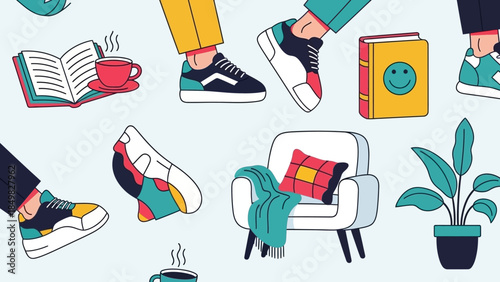 Collection of Feet Wearing Colorful Sneakers.