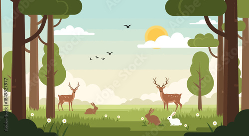 Enchanting forest scene with deer rabbits and vibrant sun perfect for nature themes