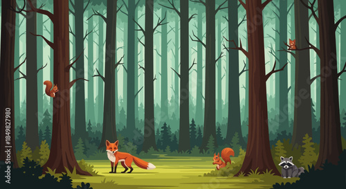 Enchanting woodland scene with fox, squirrels, and raccoon amidst tall trees