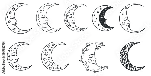 A collection of ten decorative moon illustrations featuring feminine faces in various styles, presented in black and white outline, ideal for creative projects and designs.