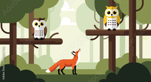 Stylized forest scene with fox looking up at owls perched on trees in cartoon style