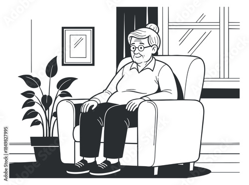 A seated elderly woman in a comfortable chair with a plant in a minimalist black and white vector style, perfect for family and lifestyle illustrations