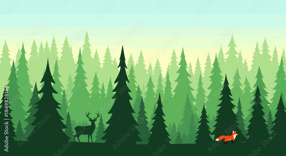 Obraz premium Lush evergreen forest illustration with silhouetted deer and fox in a serene scene