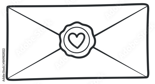An illustrated envelope with a heart seal in a minimalist black and white outline vector style, perfect for romantic messages and invitations