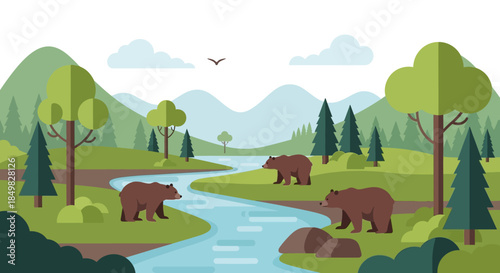 Flat Vector Illustration of Bears in a Forest by a River with Mountains Landscape, a serene wild