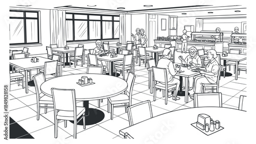 A detailed outline illustration of a busy restaurant interior with tables and customers in black and white style, suitable for hospitality design projects