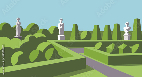Stylized vector illustration of a formal garden with statues and manicured hedges with geometric