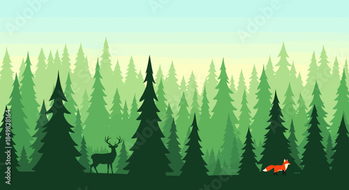 Lush evergreen forest illustration with silhouetted deer and fox in a serene scene