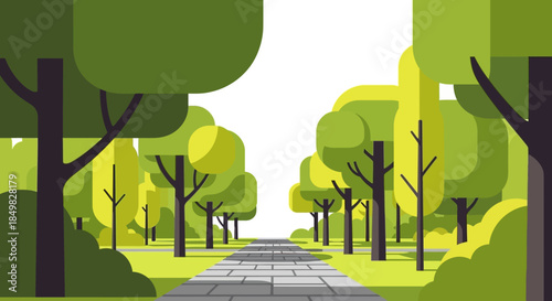 Stylized green park landscape illustration with path and vibrant trees for nature lovers and