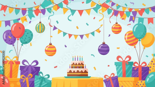 Colorful Birthday Party Decorations and Cake.