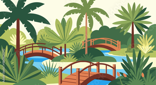 Serene tropical landscape with wooden bridges and lush vegetation for tranquil designs